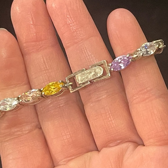 Sterling silver 925 Fancy multi color crystal link tennis bracelet - Picture 2 of 6